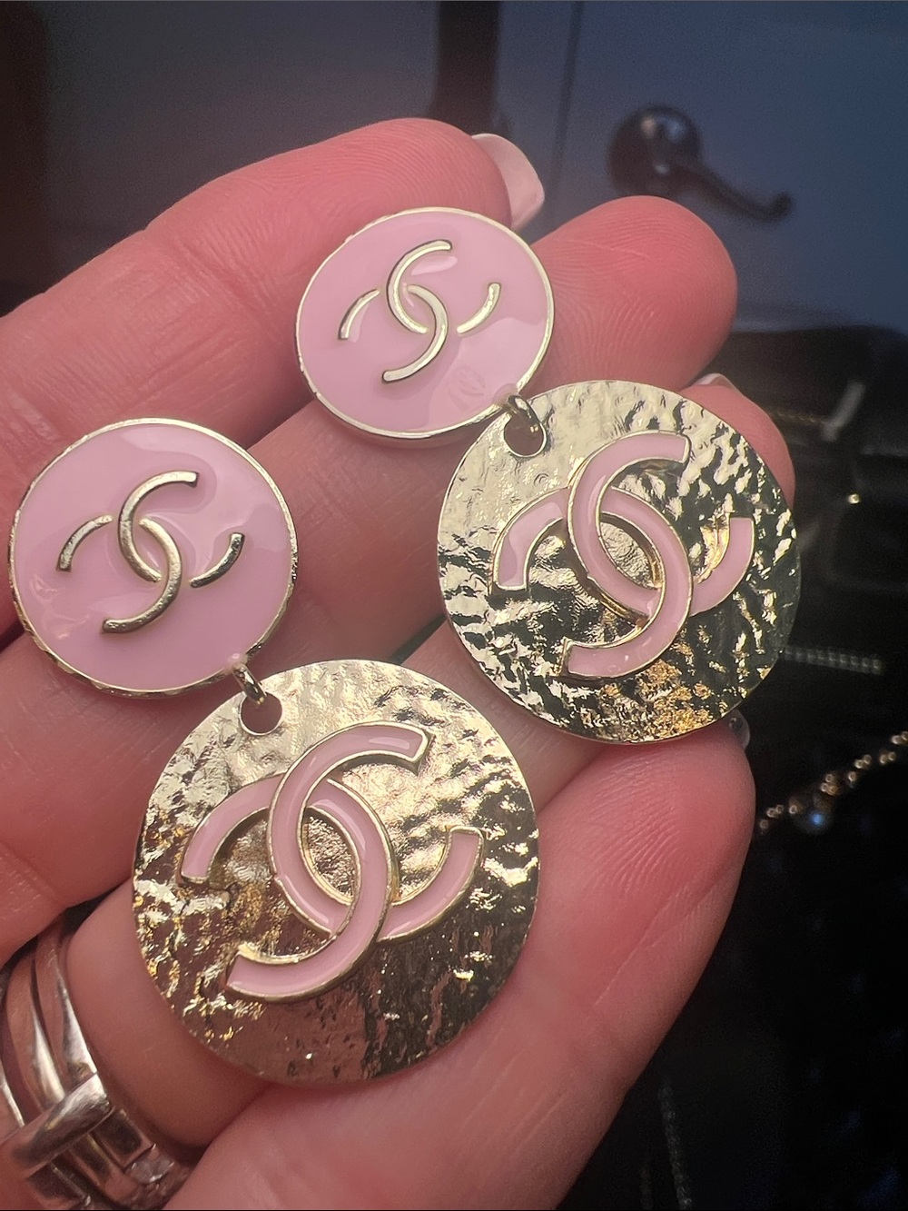 Pink Enamel & Gold Double-Drop C Logo Earrings
